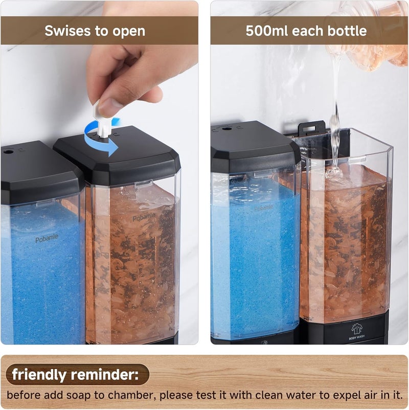 POBAMLE Shampoo and Conditioner Dispenser Wall Mounted, Shower Soap Dispenser No Drill Upadate Easy Slot Install, Shampoo Dispenser for Shower Bathroom Large Capacity 500ml * 2 Chamber Holder Black - Image 3